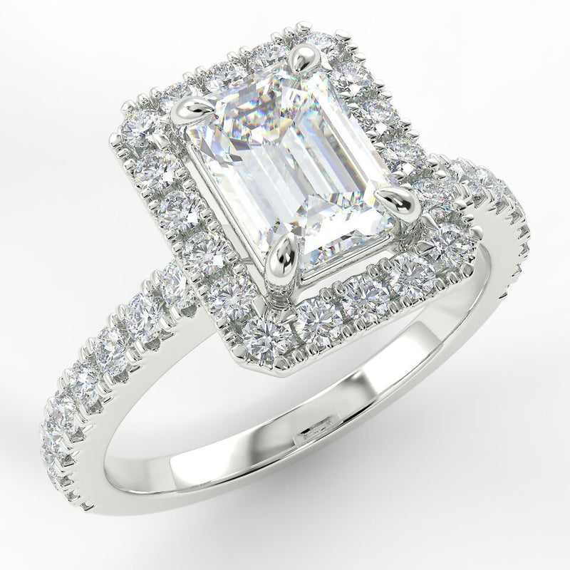 18ct White Gold Eco 1 Emerald Cut Halo Diamond Ring with 3.06-Carat Radiant Shape Lab Grown Diamond
