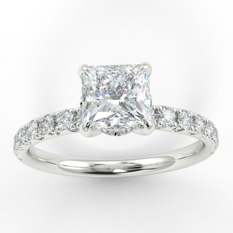 18ct White Gold Eco 2 Princess Cut Side Diamond Ring with 2.90-CARAT Cushion brilliant DIAMOND