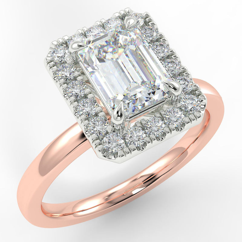 18ct Rose Gold Eco 6 Emerald Cut Halo Diamond Ring with 1.70-CARAT Emerald DIAMOND